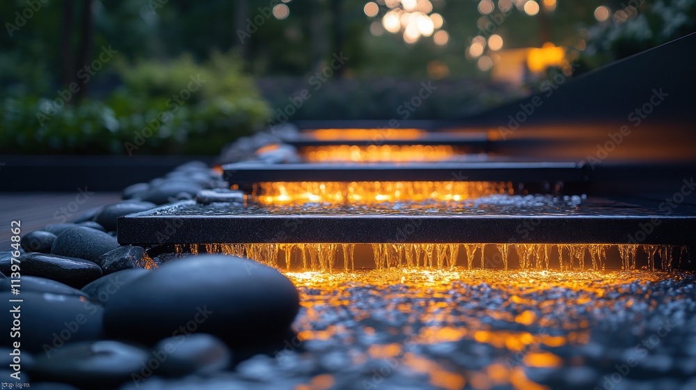 Poster a serene water feature with illuminated stones, creating a tranquil atmosphere.
