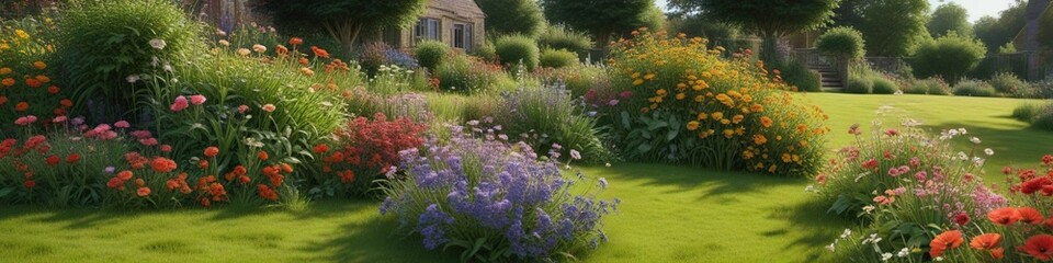Fototapeta premium Lush green grass and colorful flowers in an English country yard , lawn, entrance, bushes