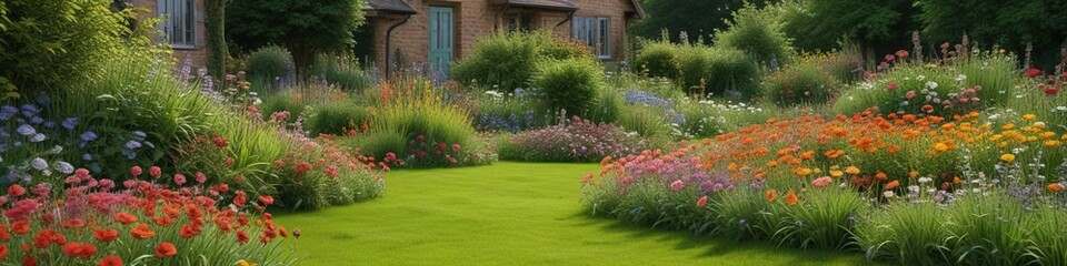 Naklejka premium Lush green grass and colorful flowers in an English country yard , garden gate, bushes
