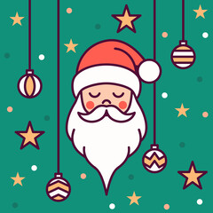 Minimalistyczna kartka świąteczna. Głowa Świętego Mikołaja, bombki i gwiazdki. Prosta ilustracja wektorowa. © Monika