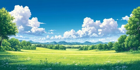 Obraz premium Lush green meadow surrounded by forest and mountains