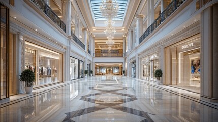 Fototapeta premium A luxurious shopping mall interior featuring elegant design, polished marble floors, and high-end retail stores, illuminated by natural light through a glass ceiling.