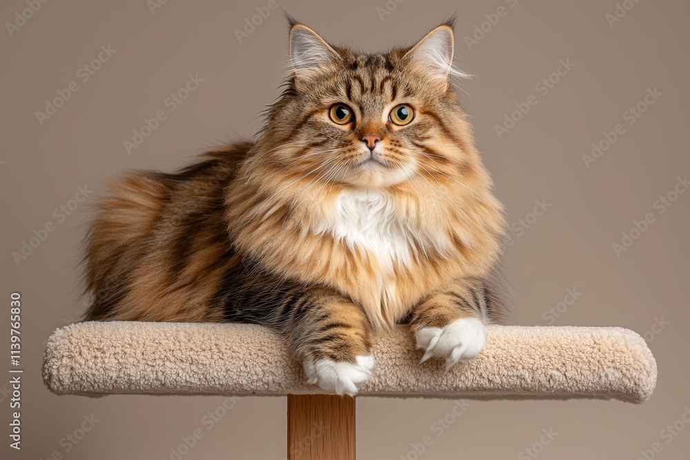 Poster majestic long-haired cat relaxing on scratching post with soft background