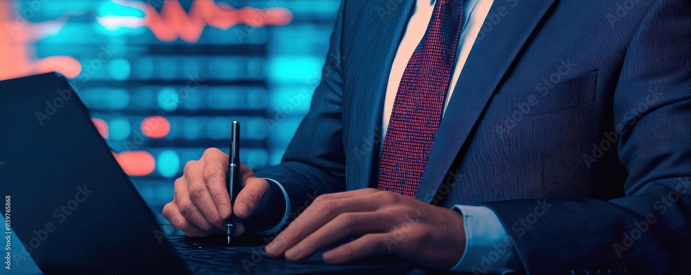 Poster digital transformation data workflow concept. business professional using a laptop in a modern offic