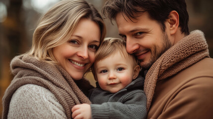 A close-up portrait of the happy family with their child, all wearing cozy winter , smiling and embracing each other in love during an outdoor nature shoot
