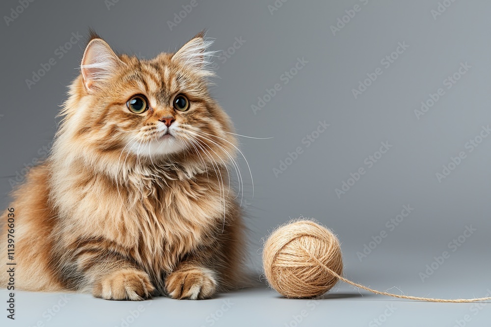 Poster fluffy ginger cat with wool ball on gray background in studio setting
