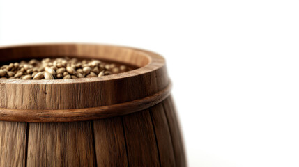A wooden beer fermenting barrel surrounded by barley, hops, and malt, all isolated on white background