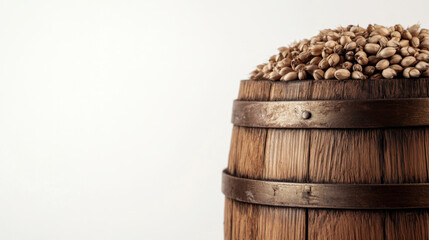 Naklejka premium A wooden beer fermenting barrel surrounded by barley, hops, and malt, all isolated on white background
