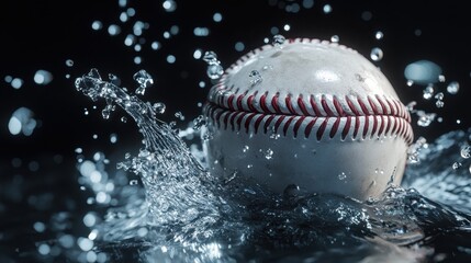 Baseball ball in splashing water on background,baseball ball splashing, and Flying,Closeup Baseball player hitting ball with bat,home run,baseball field with grandstand,sport day,space for text.