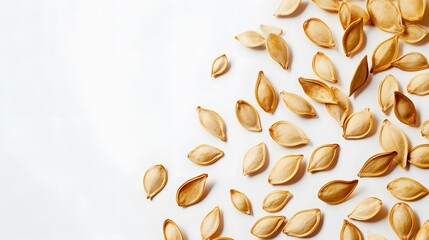 Scattered pumpkin seeds on white background. (1)