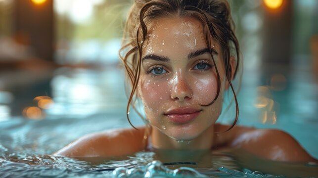 Water Droplets on Woman's Face in Swimming Pool