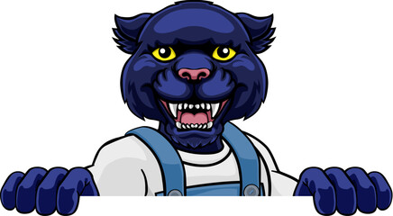 A panther cartoon animal mascot gardener, carpenter, handyman, decorator or builder construction worker peeking around a sign