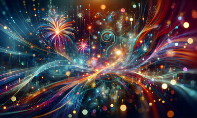 Fototapeta premium Ein farbenprächtiges Feuerwerk über einer nächtlichen Stadtlandschaft vor einem kosmischen Sternenhimmel, Wallpaper, abstrakt