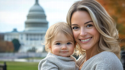 Obraz premium A beautiful blond mother with her baby in her arms smiled as she stood in front of the US Capitol building looking into the camera