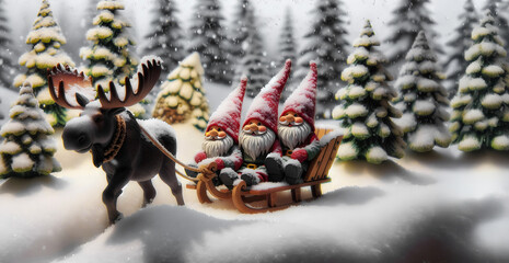 Obraz premium Drei Weihnachts-Gnome mit Rentier in einem Schlitten fahren durch den Schneewald