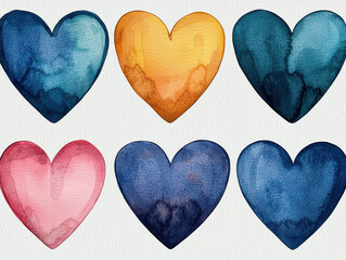 Obraz premium Vibrant watercolor heart shaped posters in various colors evoke love and creativity. These artistic designs feature shades of blue, pink, orange, and more, perfect for decoration