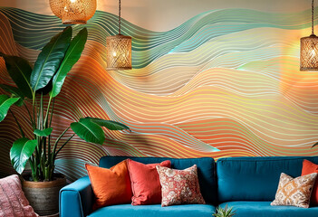 Stylish bohemian living room interior design with design teal sofa macrame wall decor and plants urban jungle interior design with ethnic accessories and rattan decorations