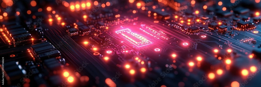 Poster a close-up view of a circuit board with glowing components and intricate details.