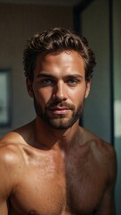Portrait of a handsome shirtless man with beard and natural lighting