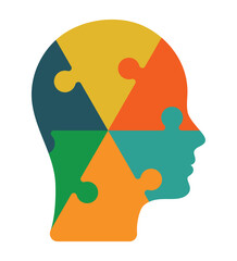 Puzzle head with human face image. Triangle puzzle piece. Puzzle head icon. Personal development, self-improvement. Human resources and recruitment. Smart decisions, critical thinking.