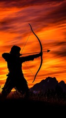 Silhouette of archer aiming bow at sunset.