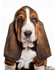 Retrato de estudio de un perro de raza Basset Hound sentado aislado sobre fondo blanco