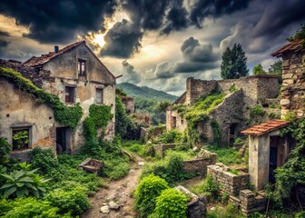 Ruined village overrun by nature, crumbling walls tell tales of abandonment; haunting beauty and history intertwine in a post-apocalyptic landscape, perfect for evocative photography.
