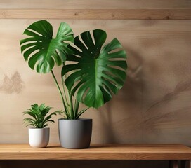 Large Monstera Deliciosa Plant on Wooden Shelf, wooden shelf decor, green leaf houseplant