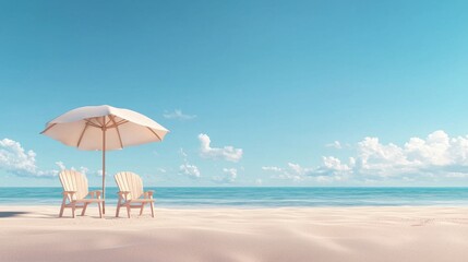 Fototapeta premium Serene Beach Scene with Two Wooden Chairs Under a White Umbrella on Soft Sand, Calm Blue Ocean and Sky with Wispy Clouds on a Peaceful Summer Day