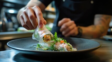 Fresh Spring Rolls with Colorful Vegetables and Herbs Served Plate