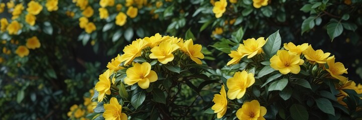 Yellow flowers in clusters on a bush with dark green leaves, garden,