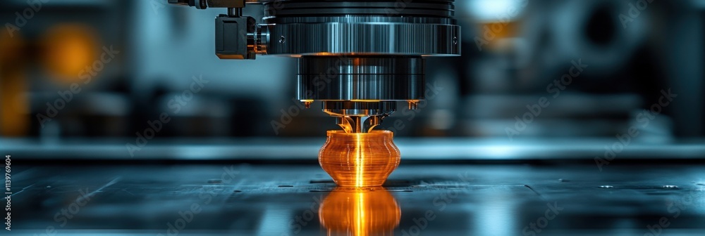 Poster a close-up of a 3d printer creating a detailed object with a glowing effect.