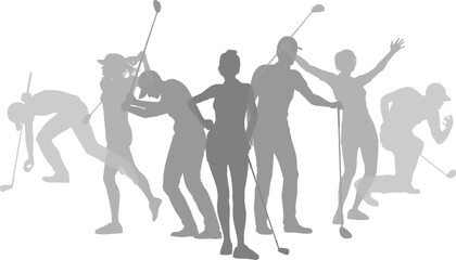 Silhouette golf player set. Active golfers golfing sports people healthy players fitness silhouettes concept.