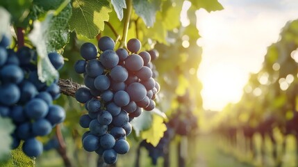 Fototapeta premium Ripe Blue Grapes Hanging from Lush Vines in a Serene Vineyard under Warm Sunset, Representing Harvest Season and Nature's Abundance