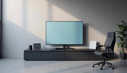 3D TV in stylish office setting with modern desk and ergonomic chair