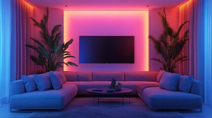 Modern Living Room with LED Lighting and Tropical Plants