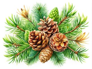 Rustic watercolor illustrations of pine branches and cones on a white background, perfect for seasonal decor, nature-themed projects, and creative crafting endeavors.