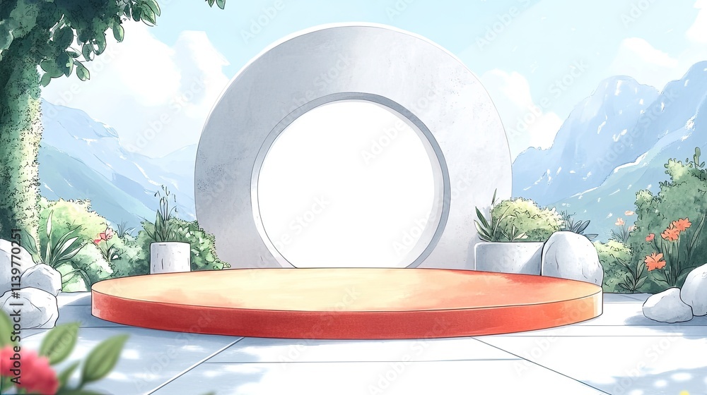 Poster a 3d rendering of a circular podium with a large round opening behind it, surrounded by greenery and