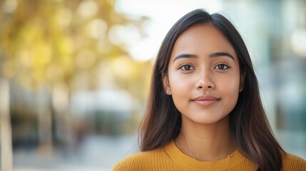 A young Nepali woman in a yellow sweater standing against a modern urban background, looking directly at the camera, bathed in soft natural light, with copy space.