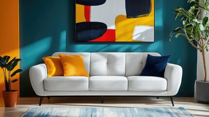 Modern Living Room Interior Design with White Sofa, Teal Walls, and Abstract Art