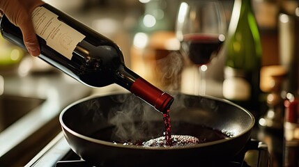 Pouring Red Wine into Hot Pan for Cooking Culinary Experience