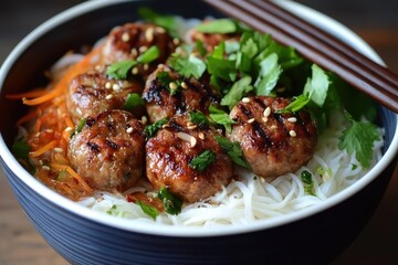 Grilled meatballs served over rice noodles with carrots and cilantro. Perfect for showcasing delicious Asian cuisine or healthy eating.
