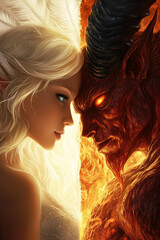 A breathtaking close-up portrait of a fantasy couple, an angel and a demon, the main characters of a fantasy book, possibly featured on the book cover.  