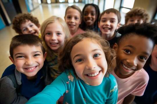 Group of elementary school students smiling together in school hallway