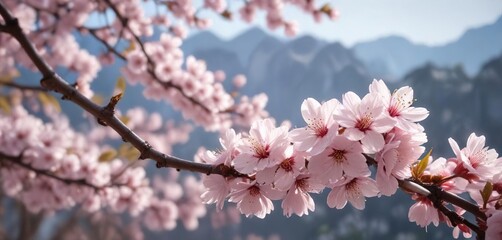 Obraz premium Softly blooming cherry blossoms on a serene spring morning background, cherry blossoms, pastel colors, gentle hues