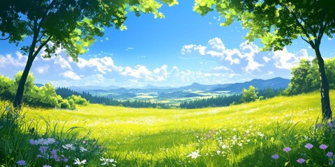 Scenic countryside with wildflowers and blue skies