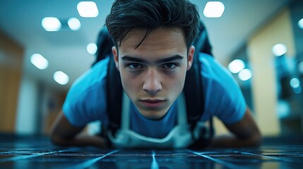 Teenager with backpack doing push-ups in hallway.