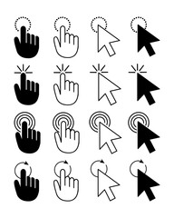 Set of computer mouse cursor pointers. Mouse cursor click icons. Pointer cursor arrow and hand. Vector illustration