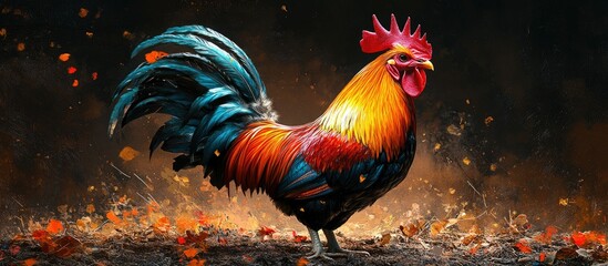 Fototapeta premium Majestic Rooster in Autumnal Blaze: A Vibrant Portrait