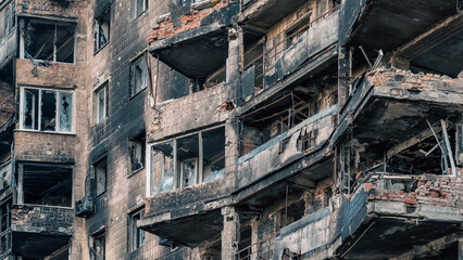 destroyed and burned houses in the city in Ukraine